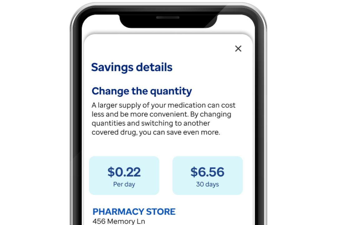 phone screen with example of savings details for a medication on Optum Rx