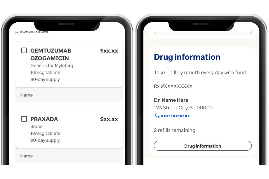 two phone screen with example of prescriber’s names shown on Optum Rx account